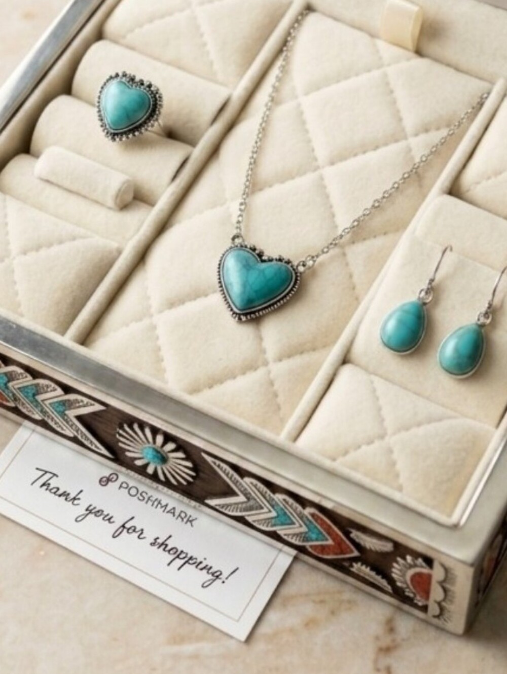 NWT Bohemian Plated jewelry Set  FAUX TURQUOISE HEART NECKLACE, EARRINGS, & Ring